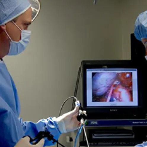 Dr. Patton performing a Laparoscopic Biopsy with the assistance of Licensed Veterinary Technician, Ann.